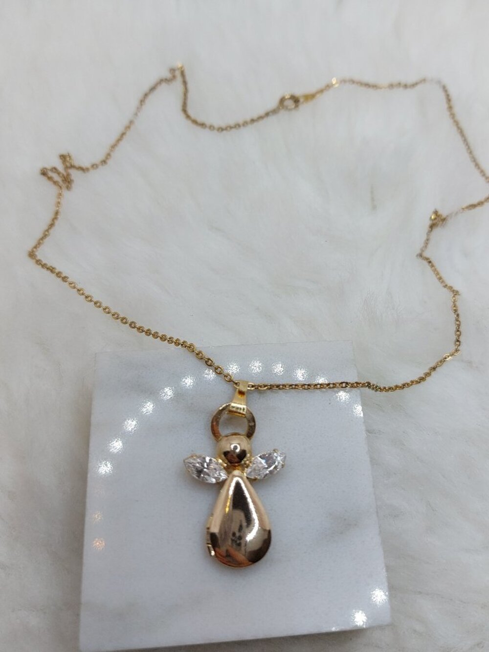 Vintage Gold Plate Nickel Silver Angel Photo Necklace Signed